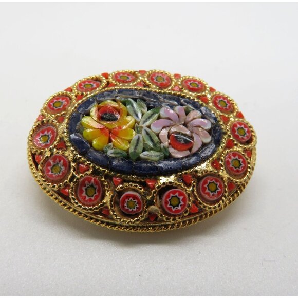 Vintage Italian Micro Mosaic Floral Brooch Millefiori Pin Gold Tone Oval Shape - Picture 2 of 13